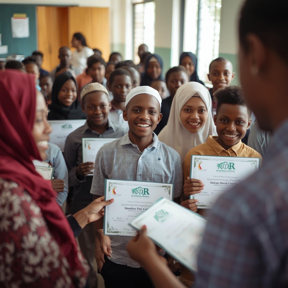 nigerian muslim (both boys and girls) students receiving recognition from a teacher or principal, with classmates watching proudly; an inclusive, community oriented scene.
