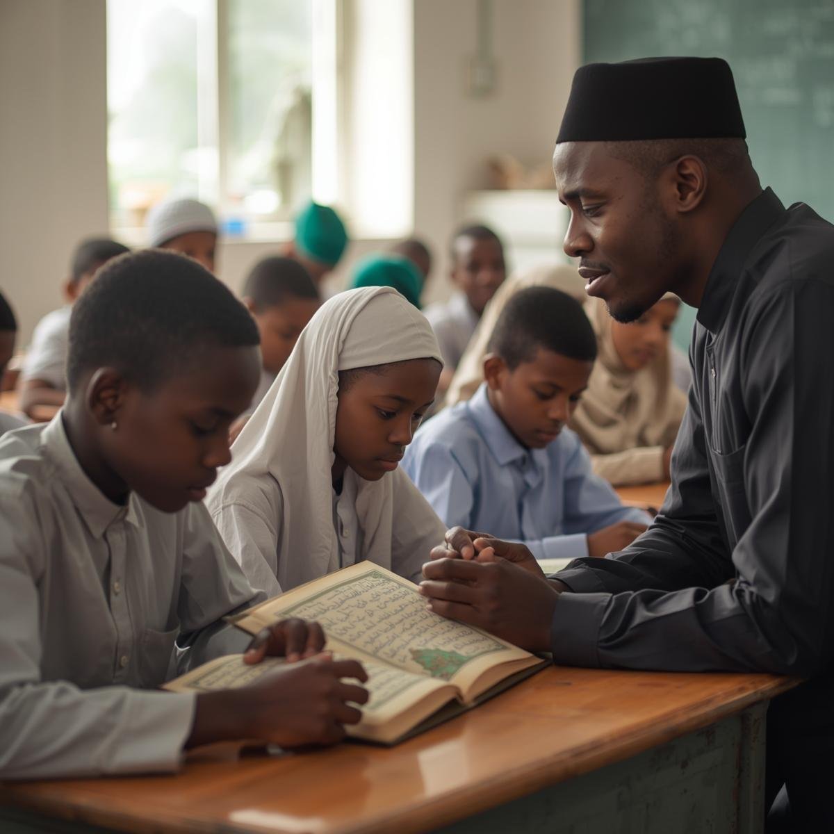 nigerian muslim boys and girls memorizing the qur’an in a serene classroom, guided by a male islamic teacher, in a modern respectful environment.
