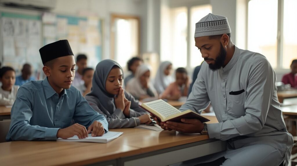 nigerian muslim boys and girls memorizing the qur’an in a serene classroom, guided by a male islamic teacher, in a modern respectful environment.